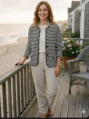 Ann Taylor XL Striped Knit Blazer Sweater Jacket Cotton Merino Wool Nautical